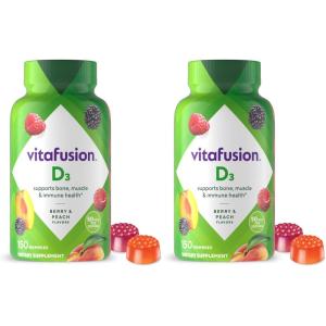 vitafusion Vitamin D3 Gummies, Bone and Immune Support, Peach, Blackberry, Strawberry Flavored, 50 mcg D3 Gummy Vitamin Supplement, 75 Day Supply, 150 Count(150 Count (Pack of 2))