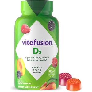 vitafusion Vitamin D3 Gummies, Bone and Immune Support, Peach, Blackberry, Strawberry Flavored, 50 mcg D3 Gummy Vitamin Supplement, 75 Day Supply, 150 Count(150 Count (Pack of 1))