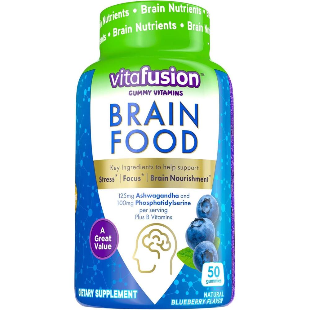image:imageVitafusion Brain Food Gummy Supplement 125mg Ashwagandha 100mg Phosphatidylserine per Serving B Vitamins 50ct 25 Day Supply Blueberry Flavor from Americas Number One Gummy Vitamin Brand