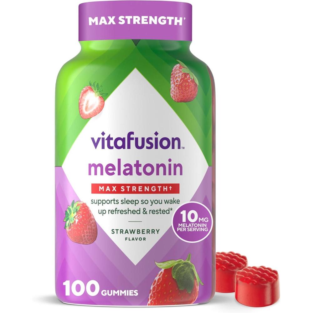 image:imagevitafusion Max Strength 10 mg Melatonin Gummies Strawberry Flavored Adult Melatonin Gummy Vitamin Supplement 100 Count 50 Day SupplyMax Strength