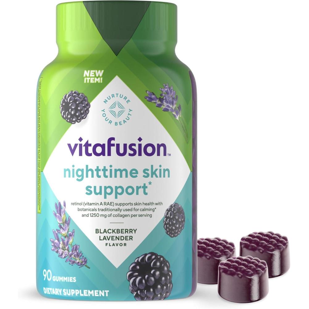 image:imagevitafusion Nighttime Skin Support 1 Beauty Supplement with Retinol Vitamin A RAE Collagen amp Bedtime Botanicals BlackBerry Lavender Flavor 90 Count