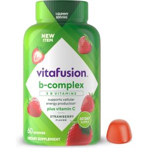 vitafusion B-Complex Gummy Dietary Supplements, with 5 B Vitamins to Support Cellular Energy Production (1), Plus Vitamin C, Strawberry Flavor, 60 Count(1 Count (Pack of 1))