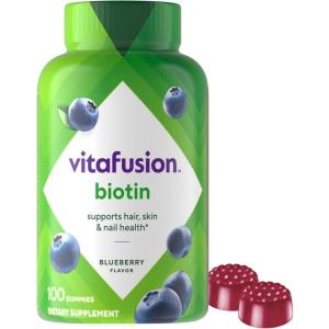 vitafusion Extra Strength Biotin Gummy Vitamins, Berry Flavored, 5,000 mcg Biotin Vitamins, America’s Number 1 Gummy Vitamin Brand, 50 Day Supply, 100 Count (packaging may vary)